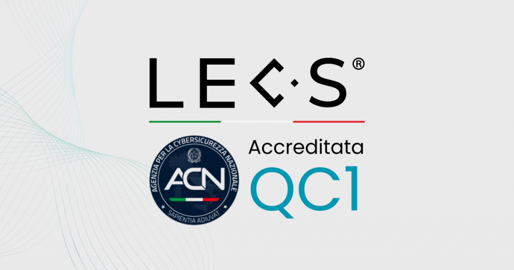 LECS®, soluzione di cybersecurity accreditata ACN QC1. L'immagine evidenzia il riconoscimento ufficiale dell'Agenzia per la Cybersicurezza Nazionale (ACN), con logo LECS e marchio di accreditamento QC1 in primo piano. 