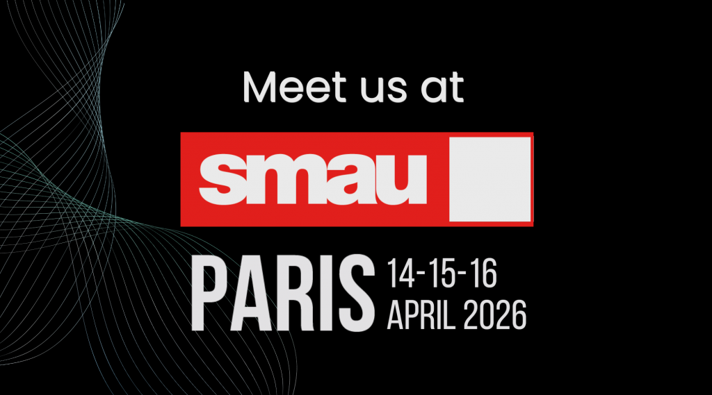 LECS information graphic on black background with blue decorative lines, 'Meet us at', red SMAU logo and text 'Paris 14-15-16 April 2026'