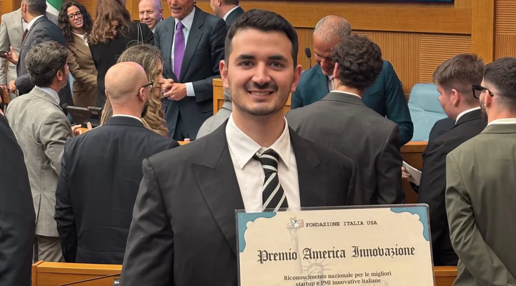 Marco Camerinesi picks up the America Innovation Award 2026 for Cyber Evolution - LECS, awarded for the second consecutive year among the best innovative SMEs in Italy.